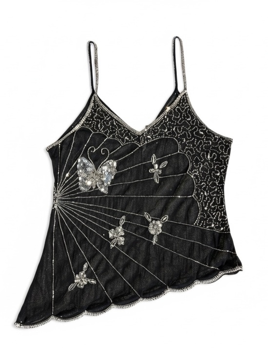 Source Unknown Tops - Y2K Black Beaded Butterfly Camisole